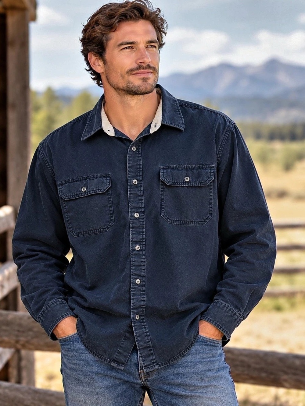 Wrangler Long Sleeve Two-Pocket Button-Down Work Shirt Blue 2XL Cotton Ranchwear
